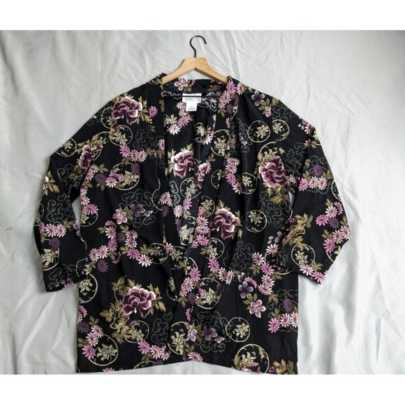 Susan Graver Cardigan Black & Pink Floral Kimono Oriental Jacket Womens 2X - Picture 1 of 9